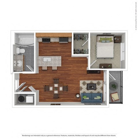 Floor plan for 1 bed, 1 bath, 630 sqft